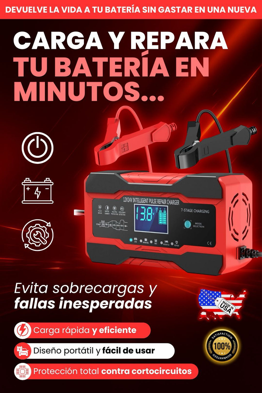 Cargador de Bateria Para Carro / Moto de 12v